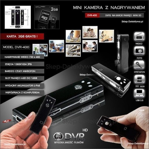 Kamera DVR400+ Dyktafon RV100+Karta 8GB.Zestaw promocyjny