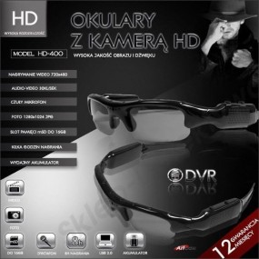 Okulary z wbudowaną kamerą DVR model HD-400 +8GB TOSHIBA